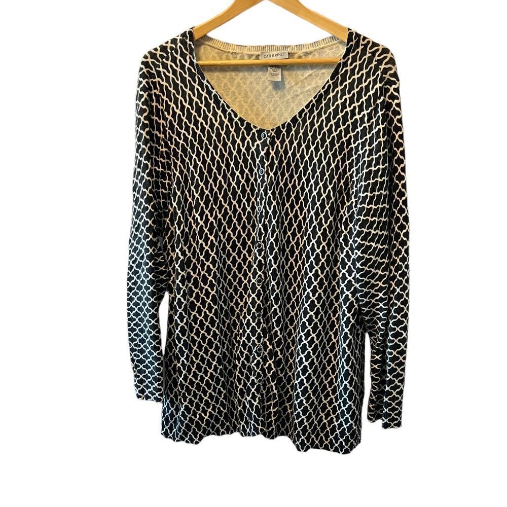 Black & Cream Patterned Button Up Long Sleeve Lightweight Cardigan Sweater 2X